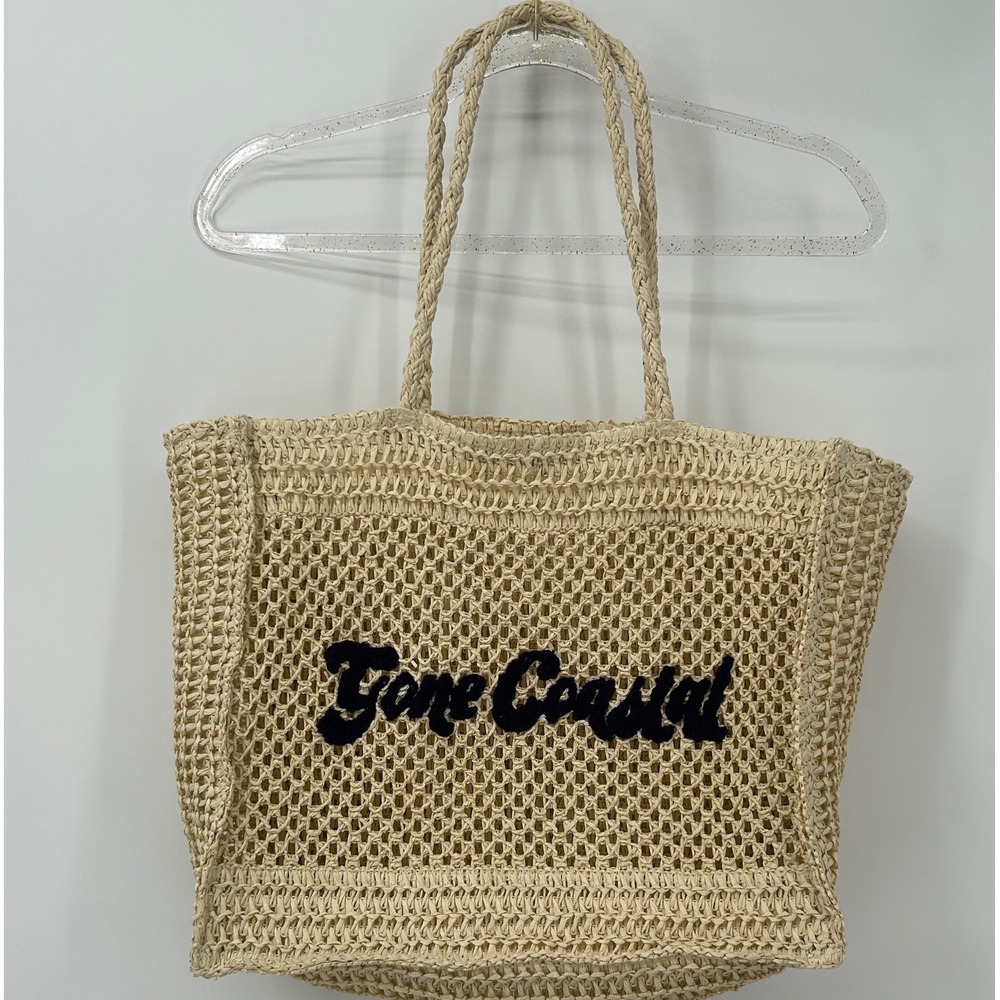 Gone Coastal Beige Woven Straw Crochet Tote Beach Bag Braided Straps - Picture 2 of 9
